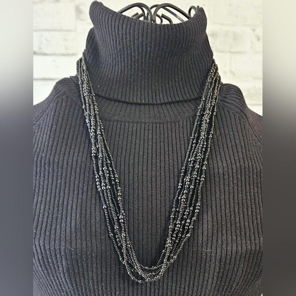 Vintage Style Multi-Strand Black Glass Seed Bead Necklace Gold Tone Ends - Picture 2 of 5